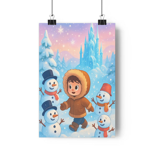 Poster décoratif hiver pastel rose bleu enfant chambre onirique joyeux paysage format 30x46 ambiance