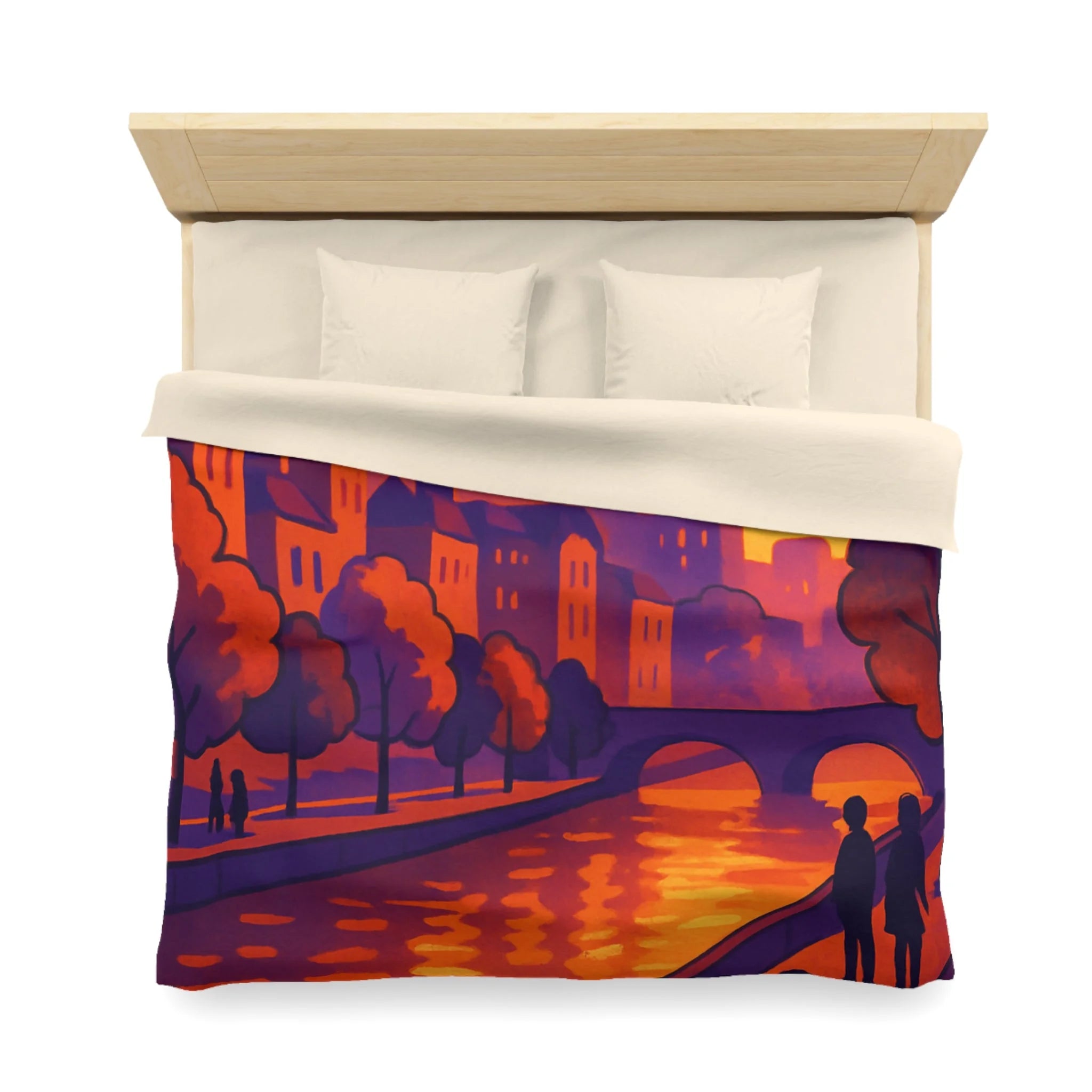 Vibrant paysage urbain crépusculaire avec silhouettes et rivière pour housse de couette