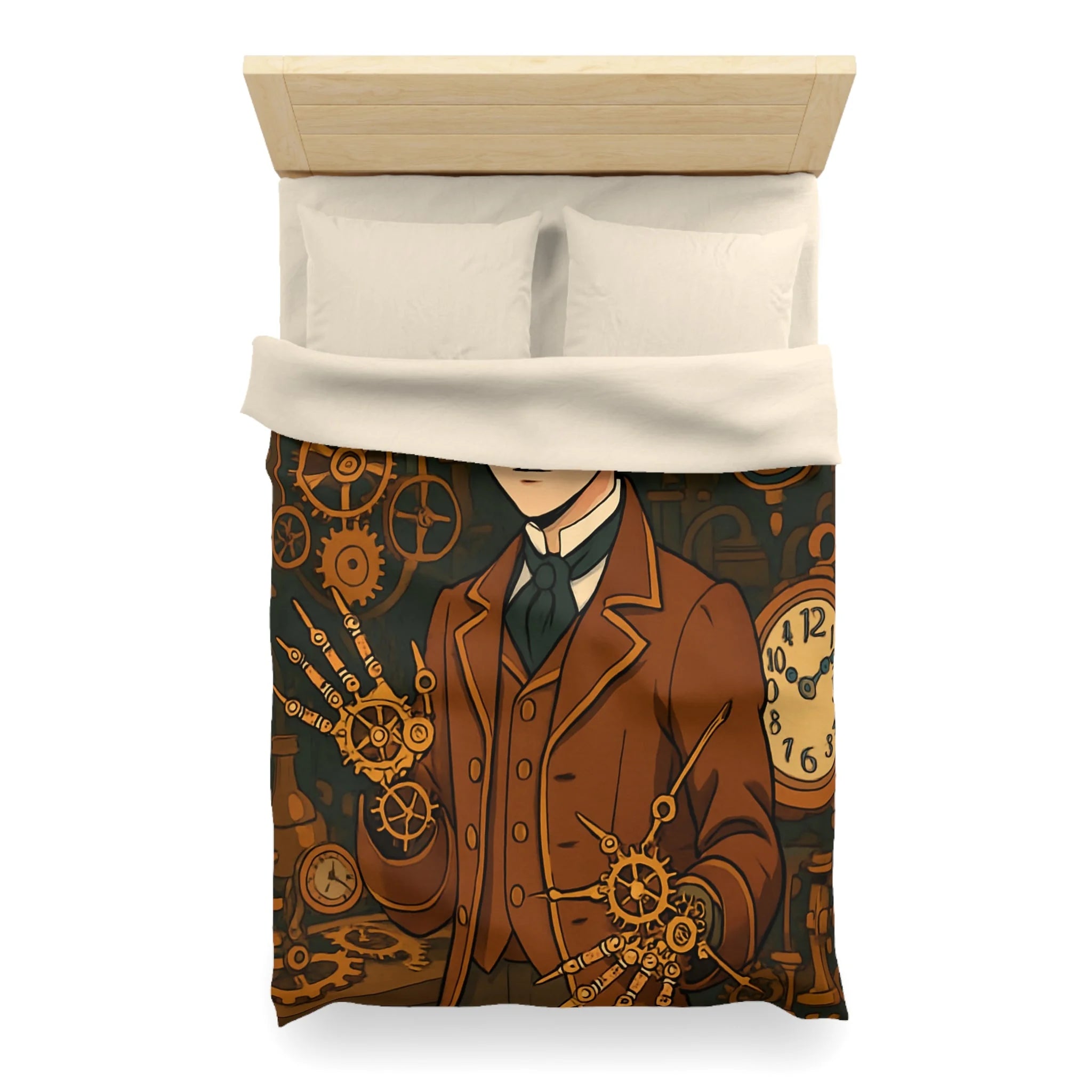 Housse de couette steampunk avec horloges et personnage stylé en tenue victorienne