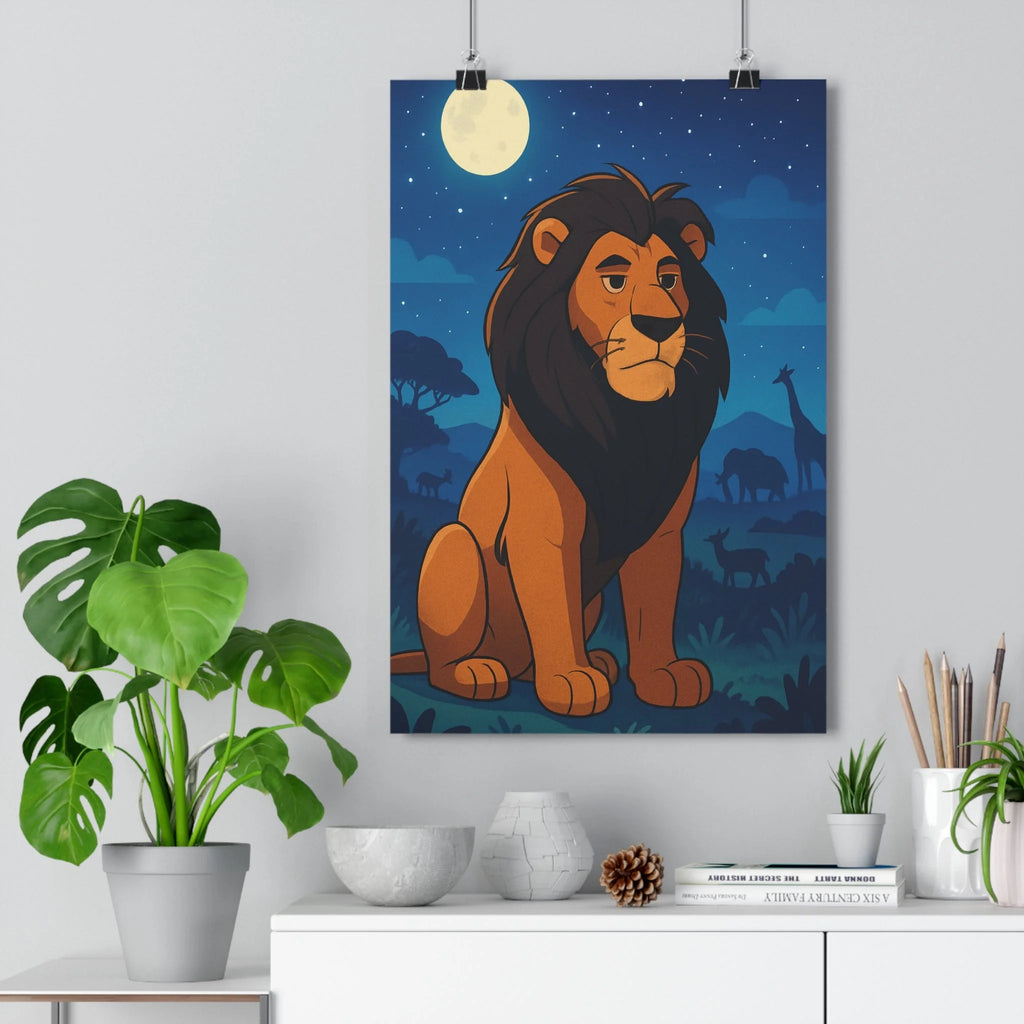 Poster décoratif cartoon lion bleu argenté nuit mystique nature sauvage chambre salon tendance unique