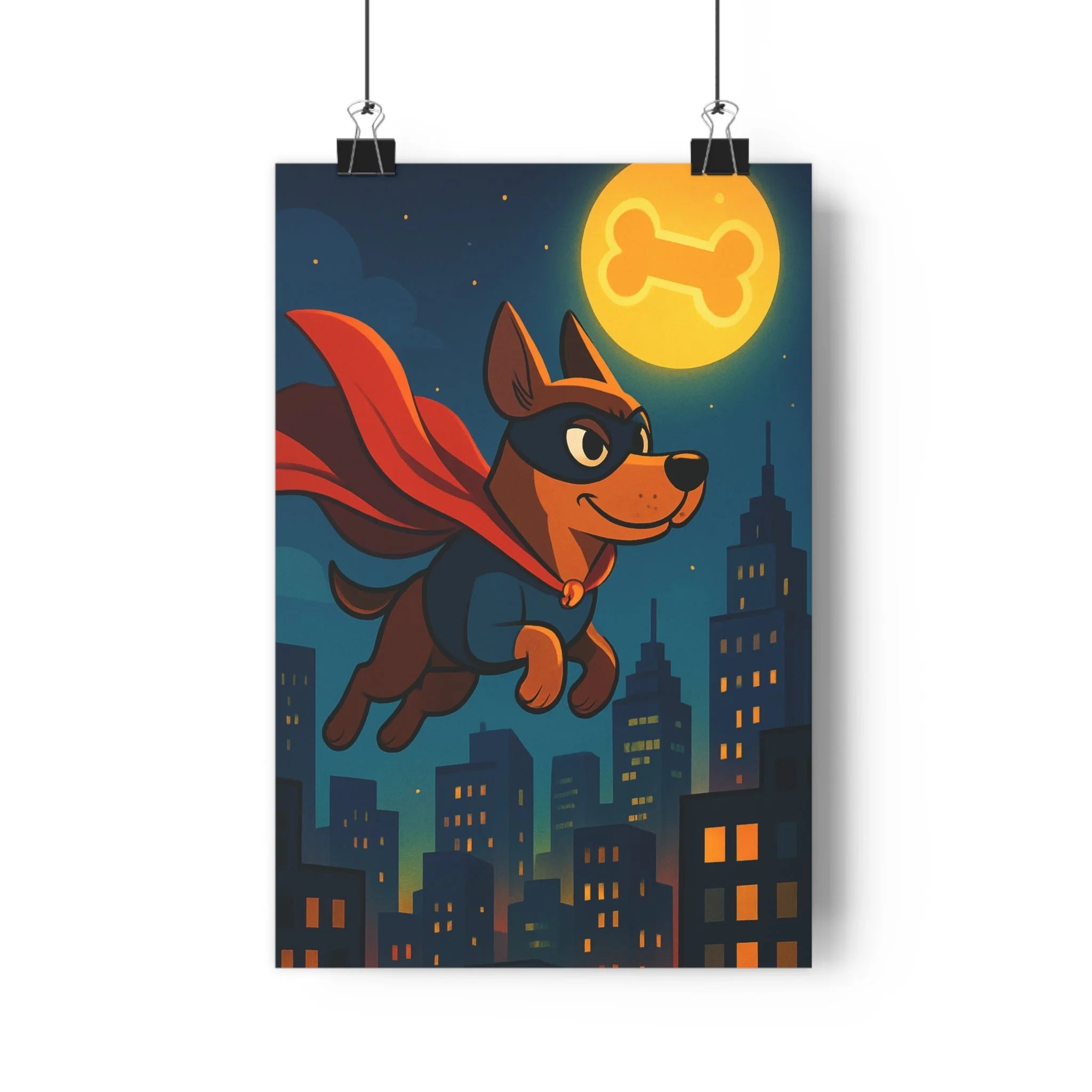 Poster décoratif chien superhéros volant nocturne urbain animé rouge noir amusant chambre enfant qualité