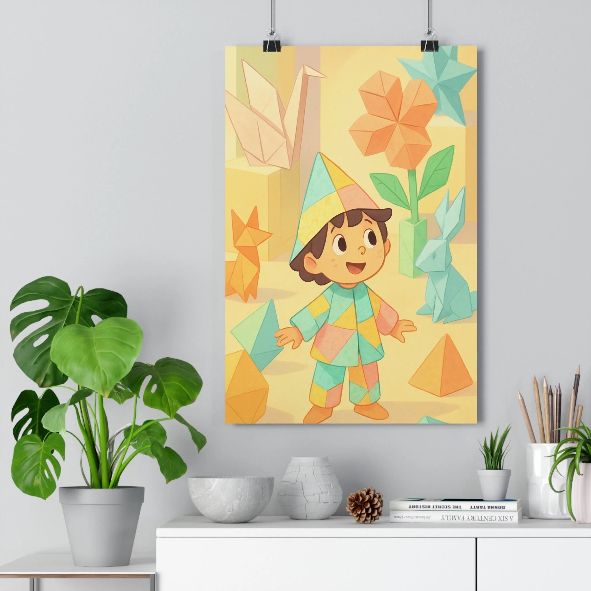 Poster décoratif origami pastel bleu vert joyeux cartoon enfant chambre créative géante ludique personnalisée