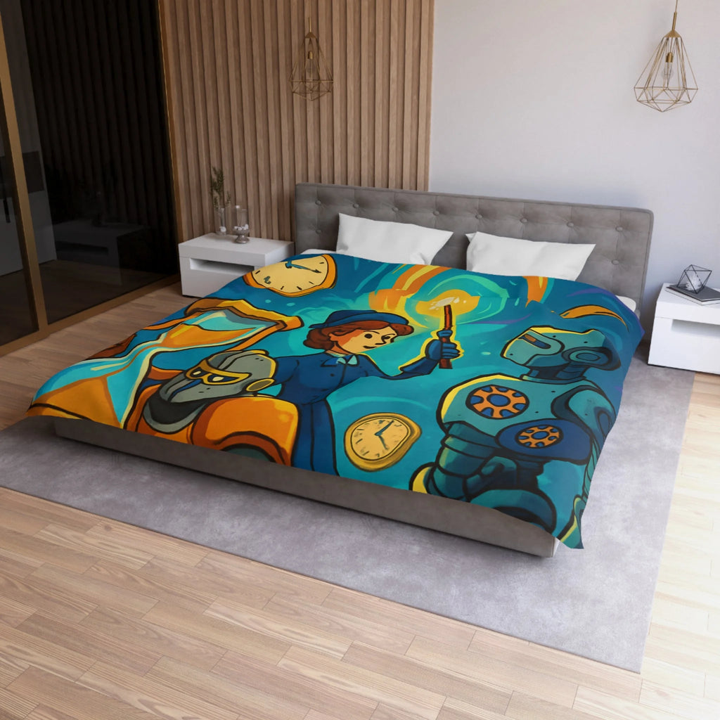 Housse de couette thème science fiction avec robots et horloges pour chambre moderne