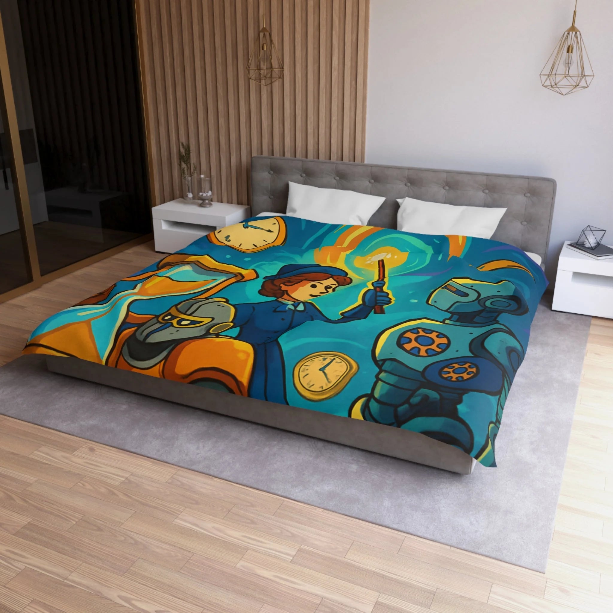 Housse de couette thème science fiction avec robots et horloges pour chambre moderne