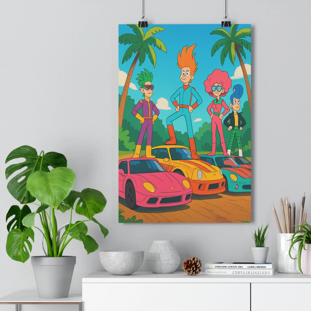 Poster décoratif anime dynamique coloré vibrant aventure chambre salon moderne tropical vibrant expressions voitures