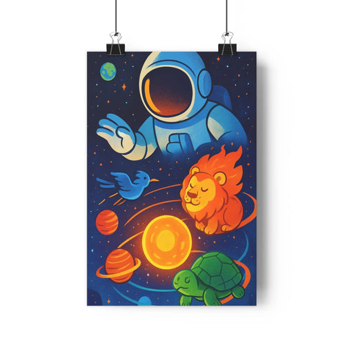 Poster astronaute espace planètes lion oiseau tortue nuages étoiles bleu rouge jaune vert noir cartoon fantastique chambre enfants salon