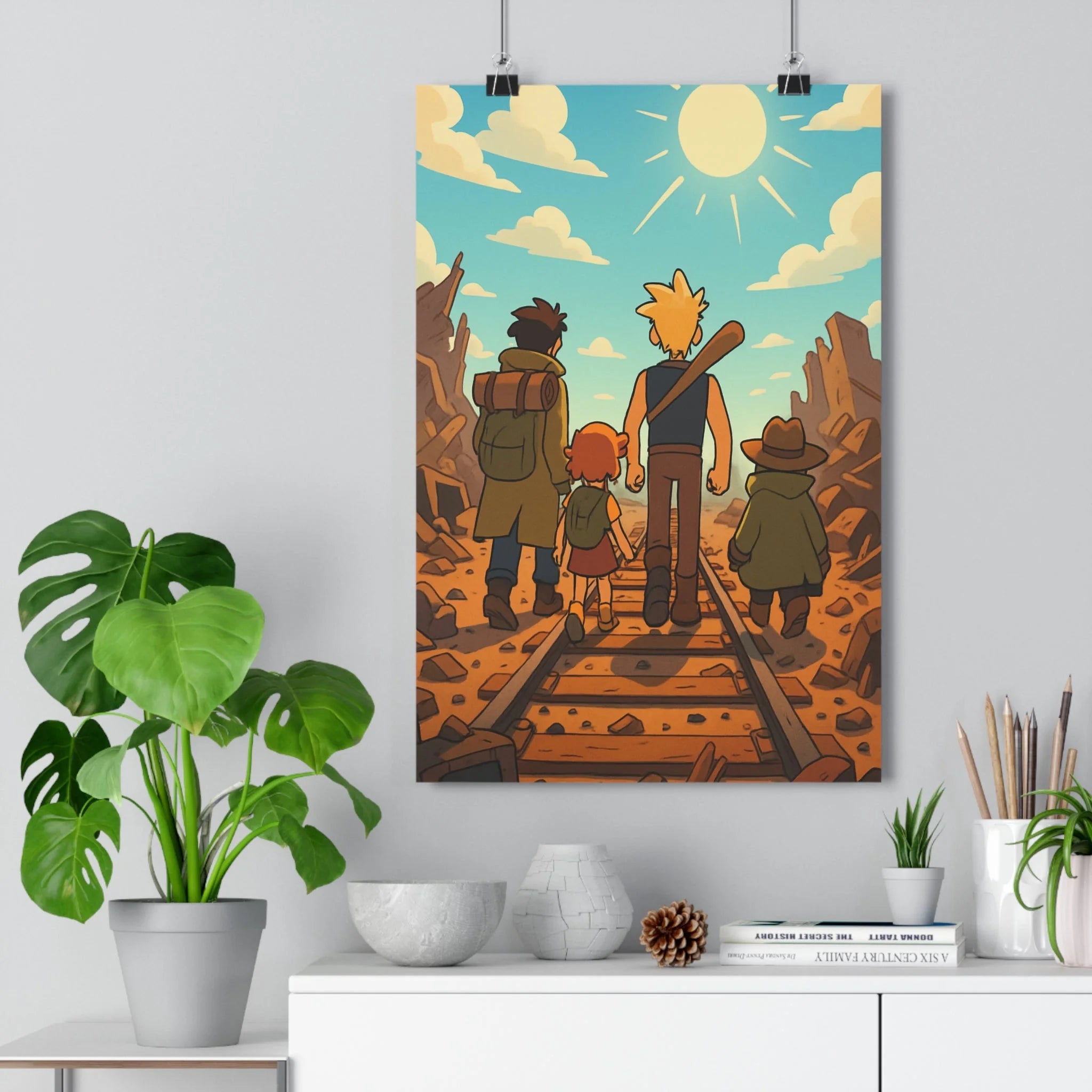 Poster décoratif animé personnages coloré aventure espoir salon chambre vibrant audacieux paysage rocheux lumineux