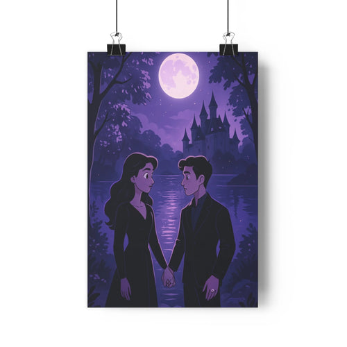 Poster romantique nuit lune violet calme paysage château couple arbre eau reflet silhouettes doux linéaire