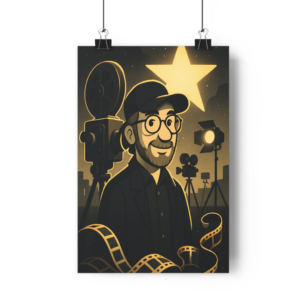 Poster homme souriant caméras projecteur rubans film étoile dorée fond noir plantes verte créatif festive salon bureau cartoon vintage