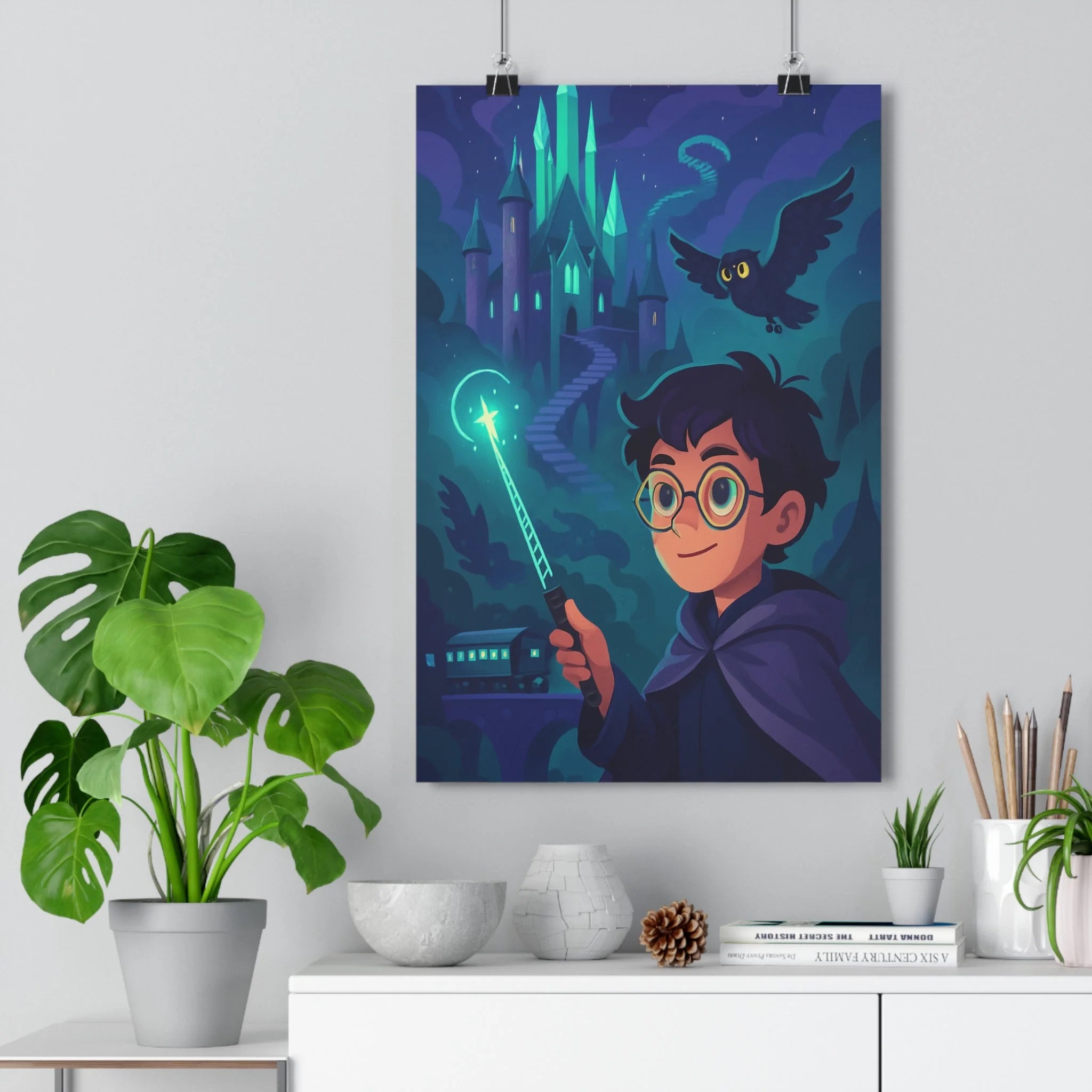 Poster décoratif sorcier baguette lumineuse château étoilé chouette mystique bleu vert chambre 30x46 qualité
