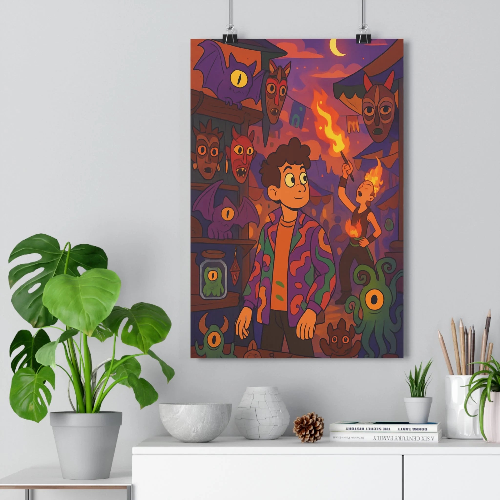 Poster décoratif coloré carnaval festif mystique enfant créatures masques nocturne magie vibrant unique chambre