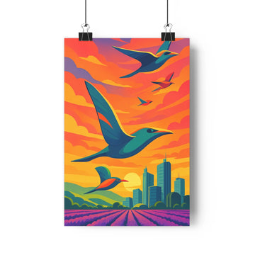 Poster moderne oiseaux vol lavande gratte-ciels couchant couleurs vives contours nets ambiance paisible ville nature étagère plantes verte chambre salon