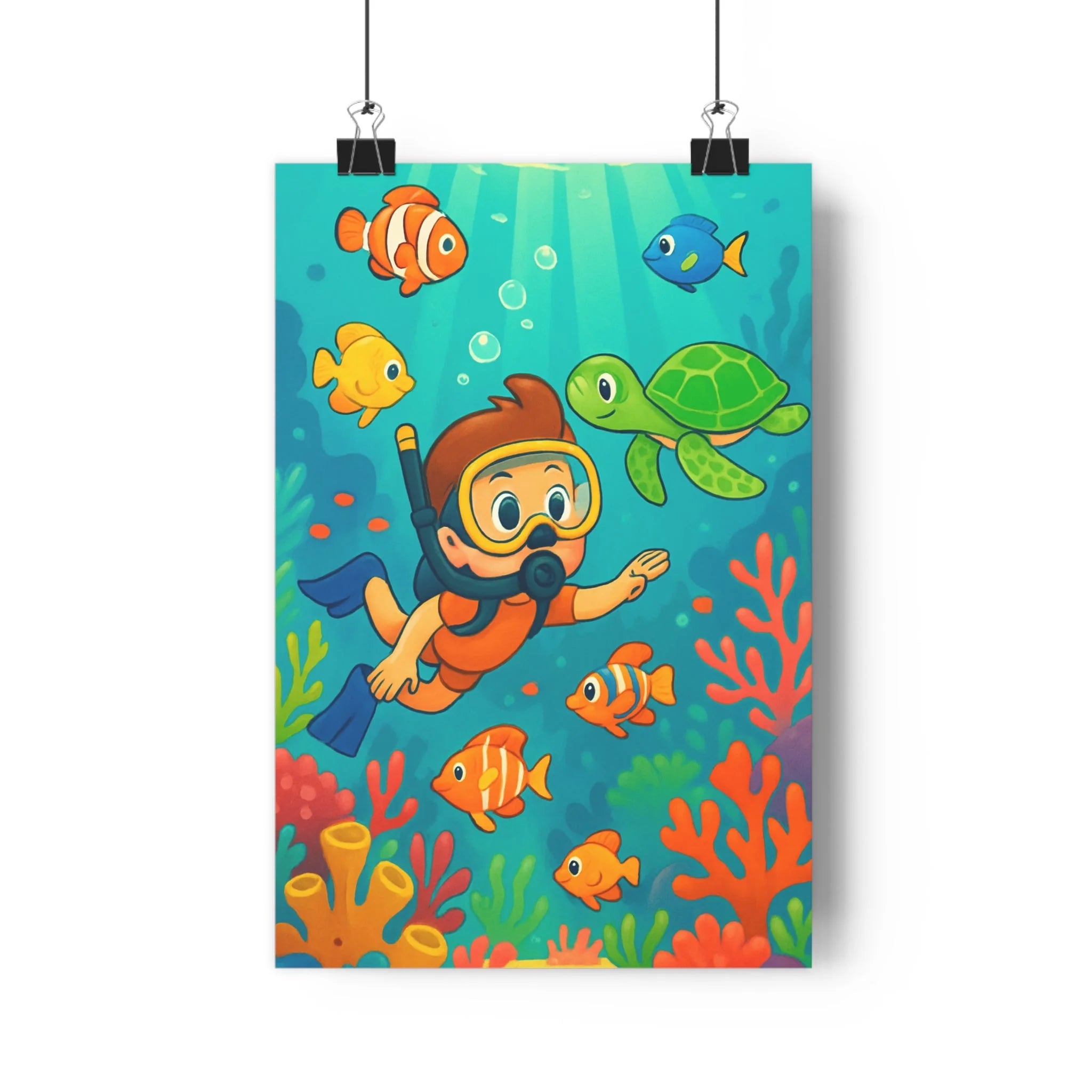 Poster décoratif joyeux enfant aventure sousmarin bleu orange vert cartoon 30x46 chambre ludique vibrant
