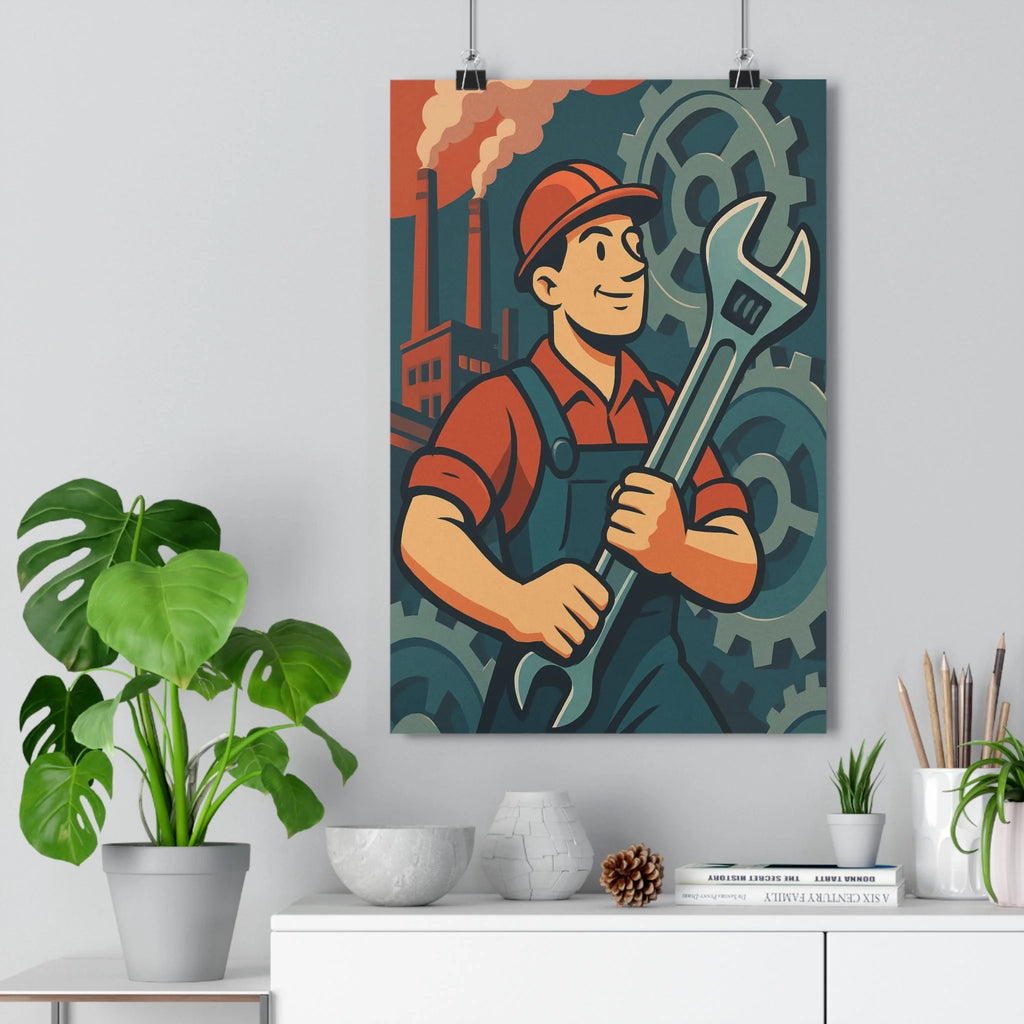 Poster décoratif industriel rétro rouge bleu beige steampunk bureau dynamique cartoon mécanique innovation créativité