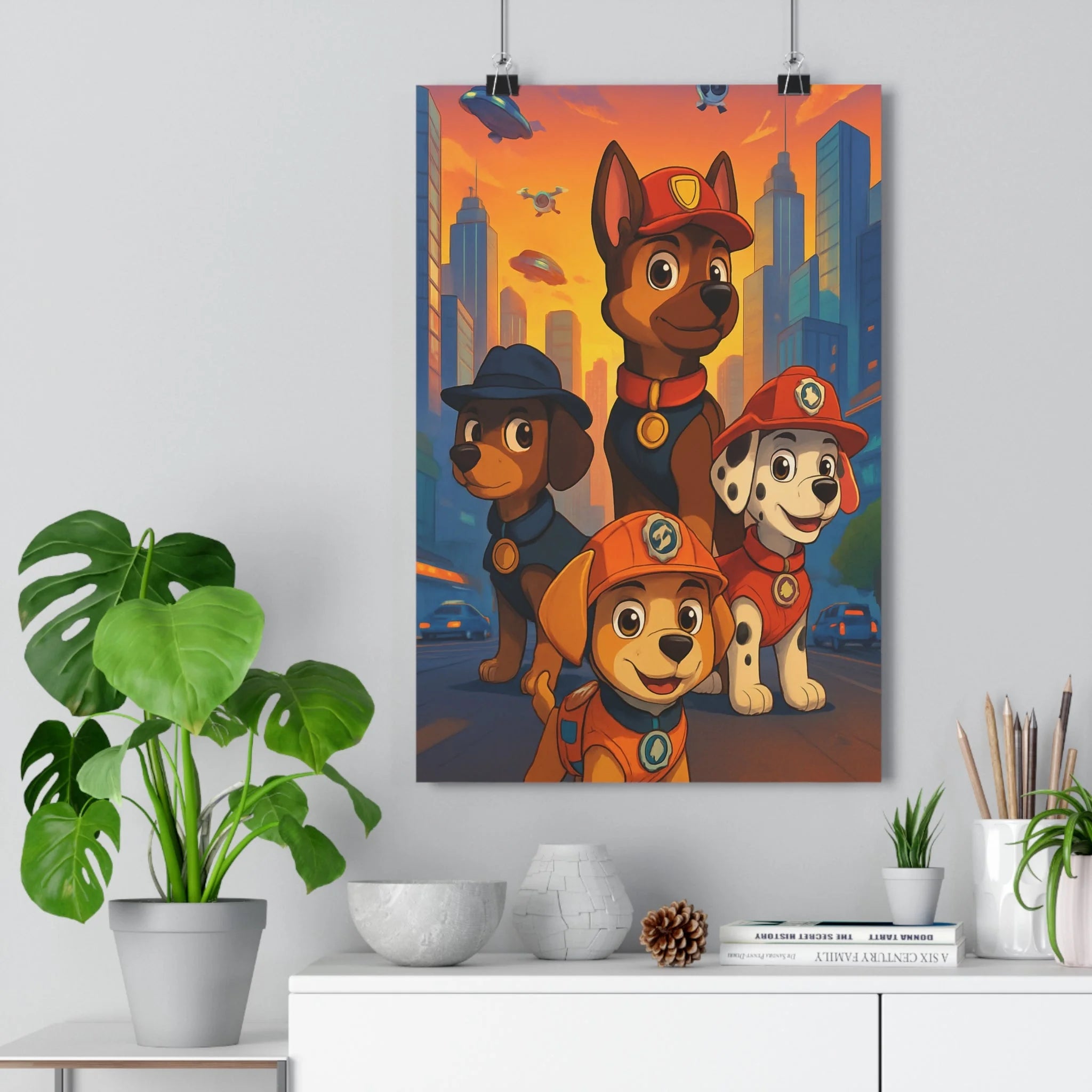 Poster décoratif cartoon chiens héroïques futuriste ville orange bleu enfant chambre joyeux moderne ambiance