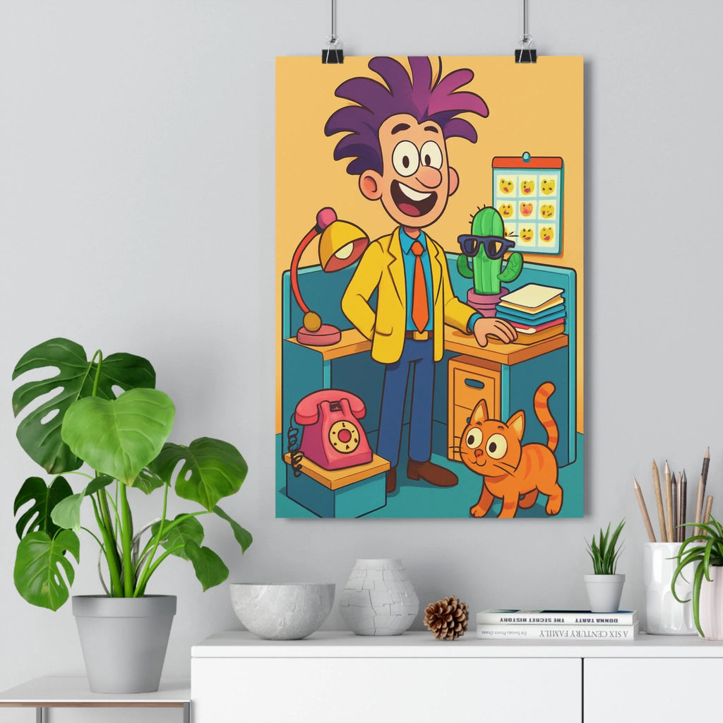 Poster décoratif jaune orange animé coloré cartoon joyeux bureau enfant personnage souriant cheveux fantaisie