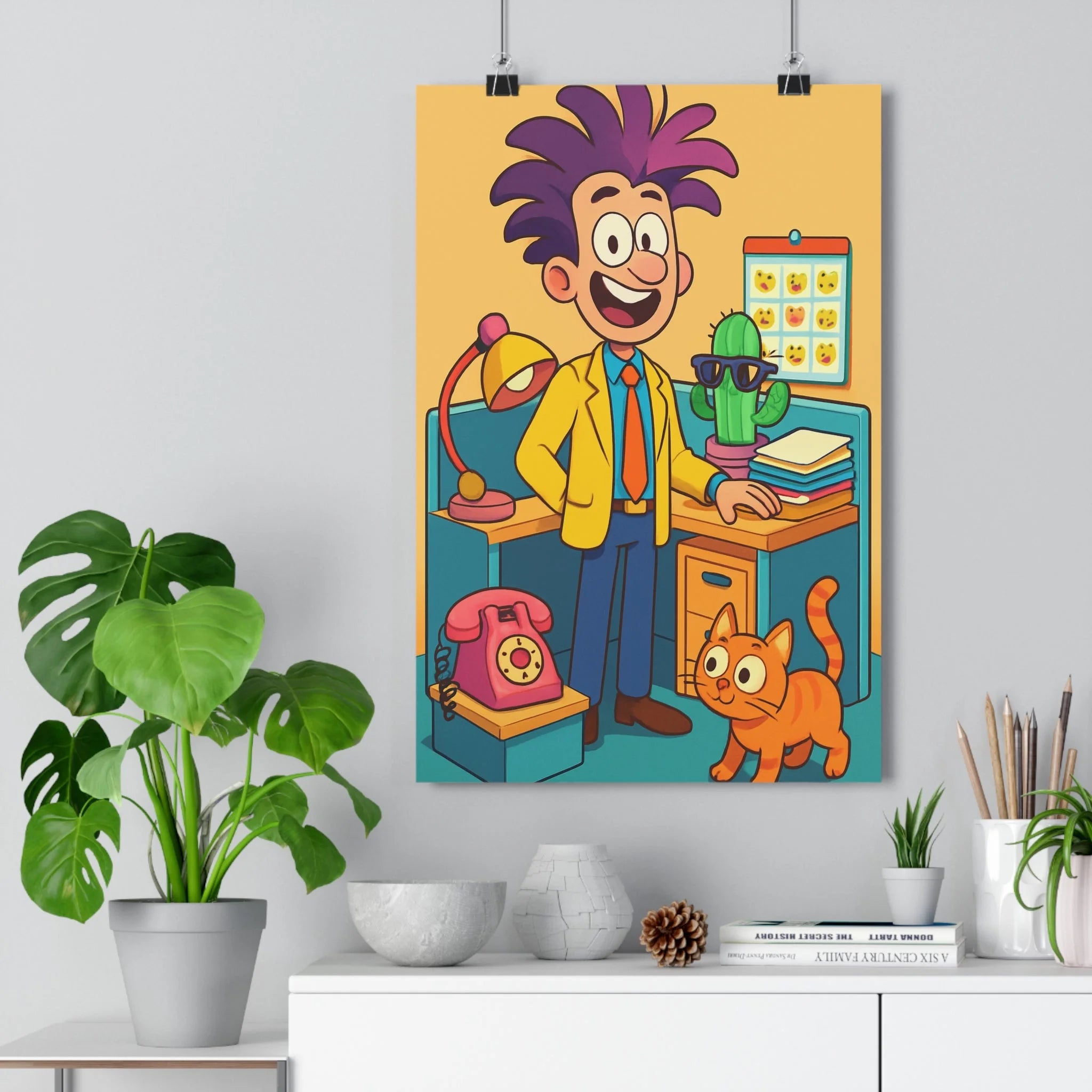 Poster décoratif jaune orange animé coloré cartoon joyeux bureau enfant personnage souriant cheveux fantaisie