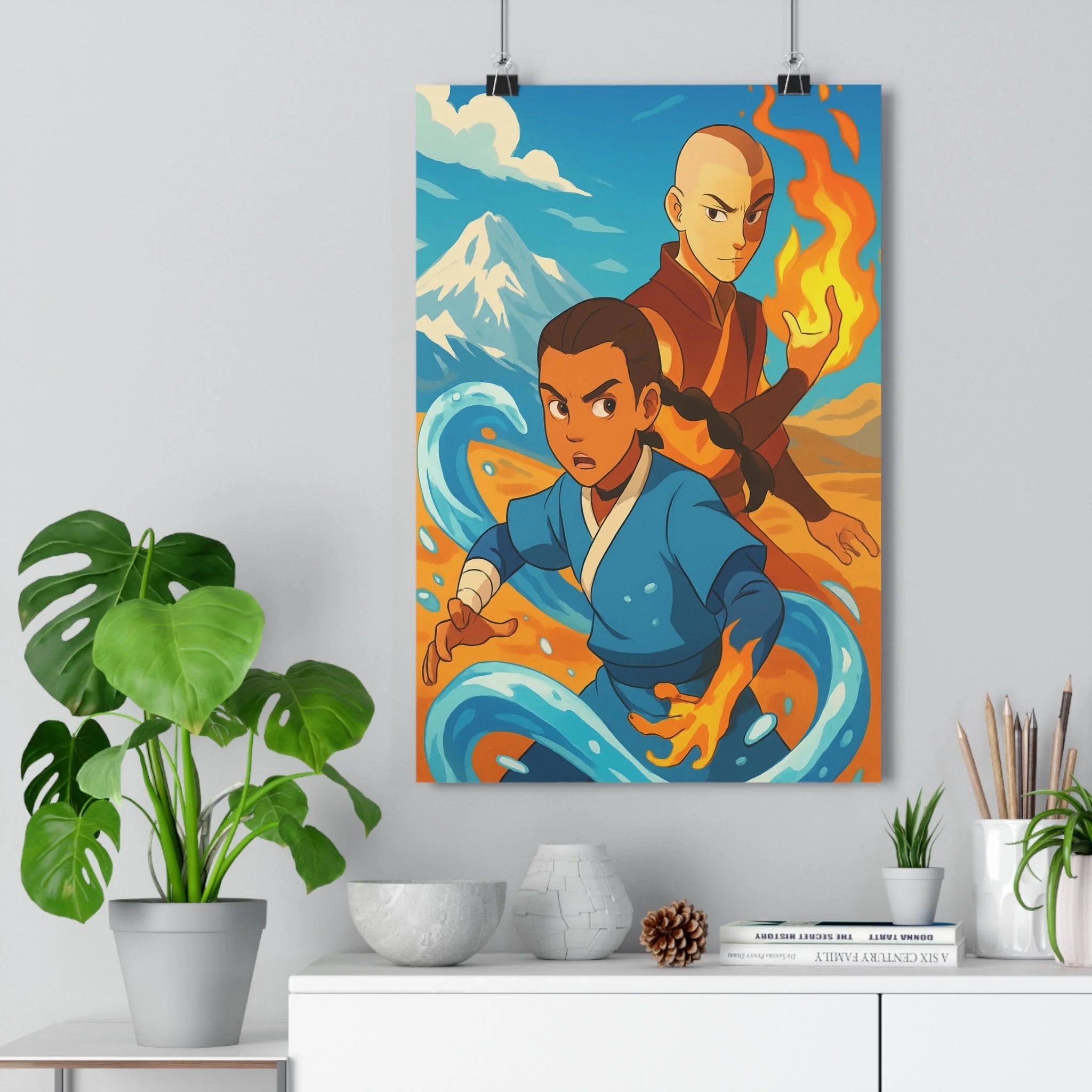 Poster décoratif animé coloré feu eau aventure chambre salon mur inspirations paysage vibrant éléments