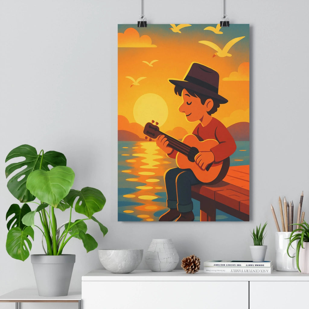 Poster décoratif artistique jeune musicien coucher de soleil pastel anime paisible salon moderne ambiance