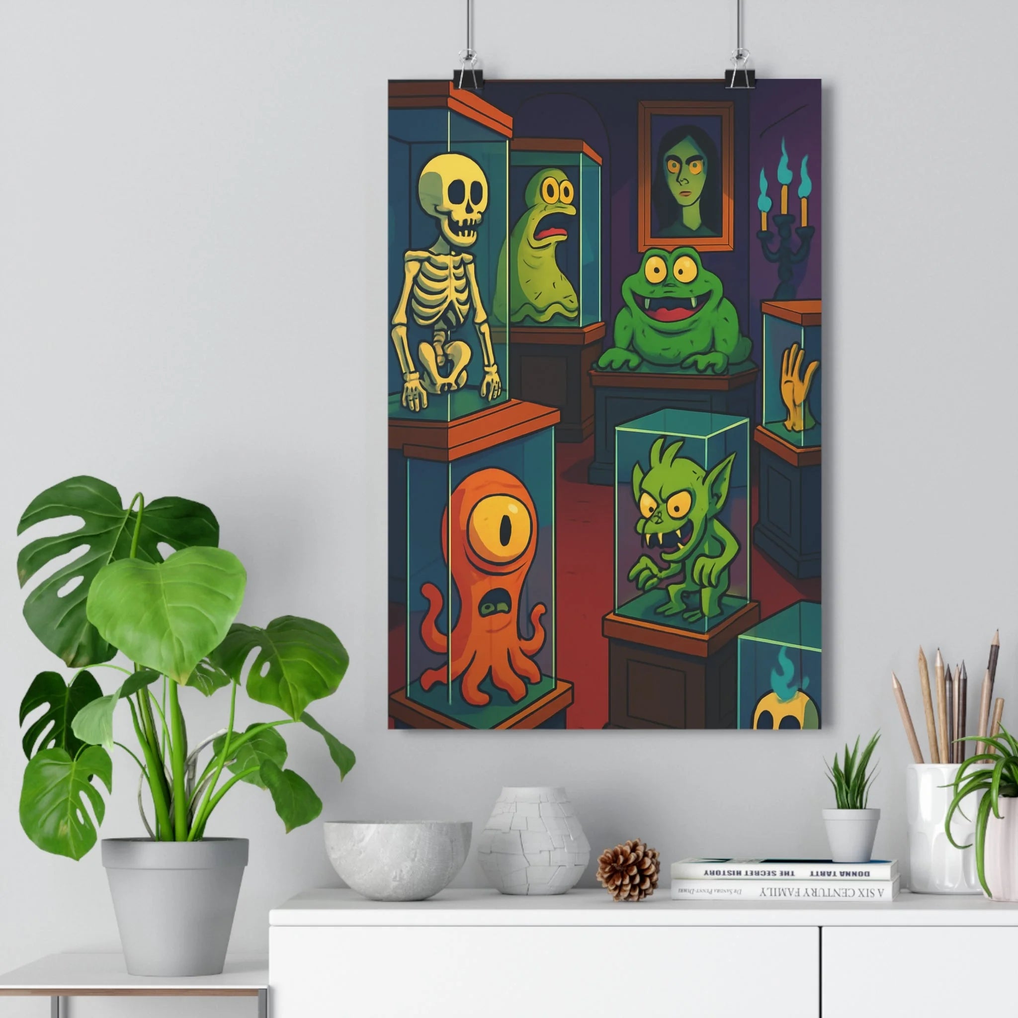 Poster décoratif cartoon créatures musée étrange vert orange mystique ambiance chambre salon enfant unique