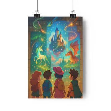 Poster fantastique château flottant dragon licorne nuages montagnes forêt dense bleu vert jaune cartoon magique imagination salon chambre