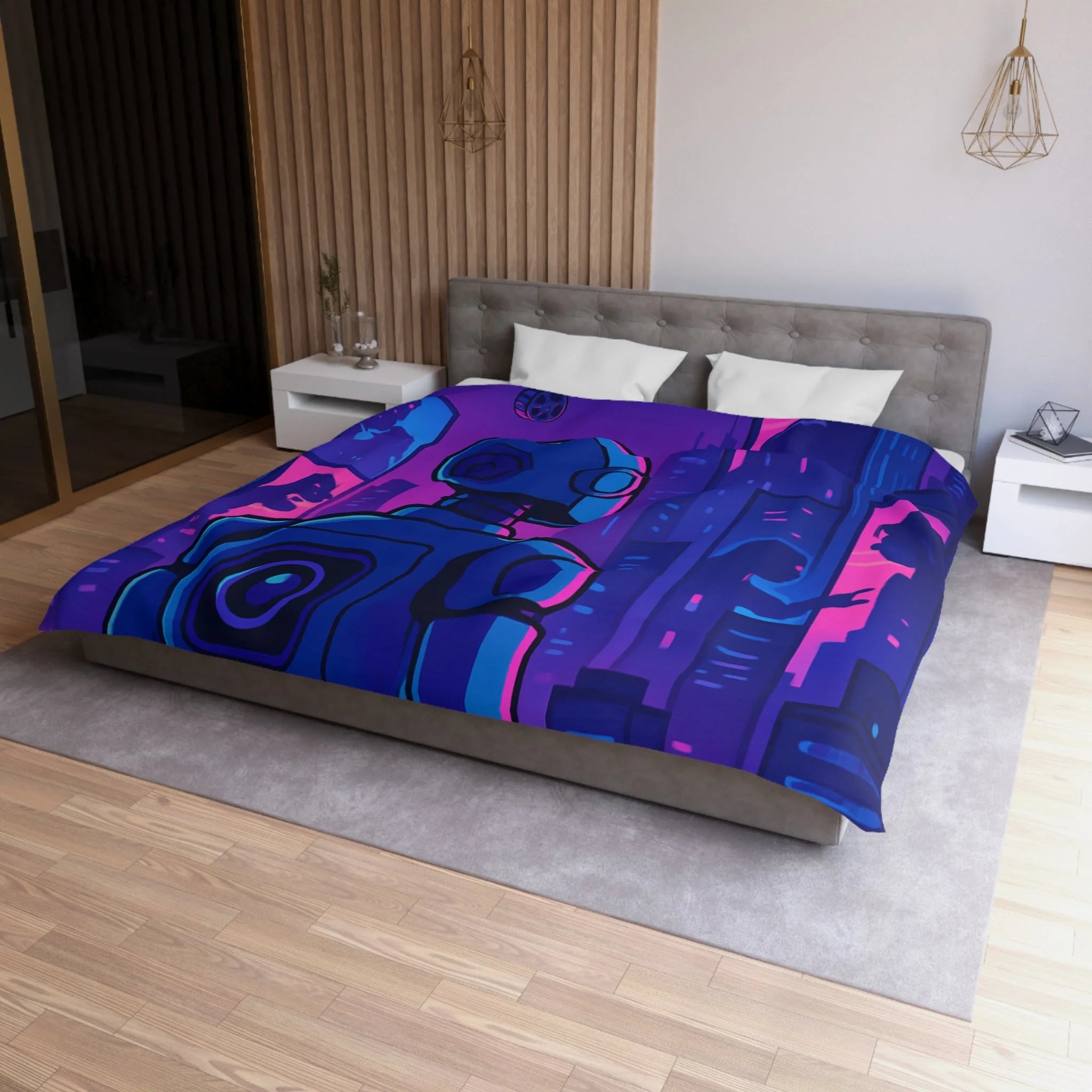 Séduisante housse de couette futuriste robot bleu néons drones anime horizon nuit