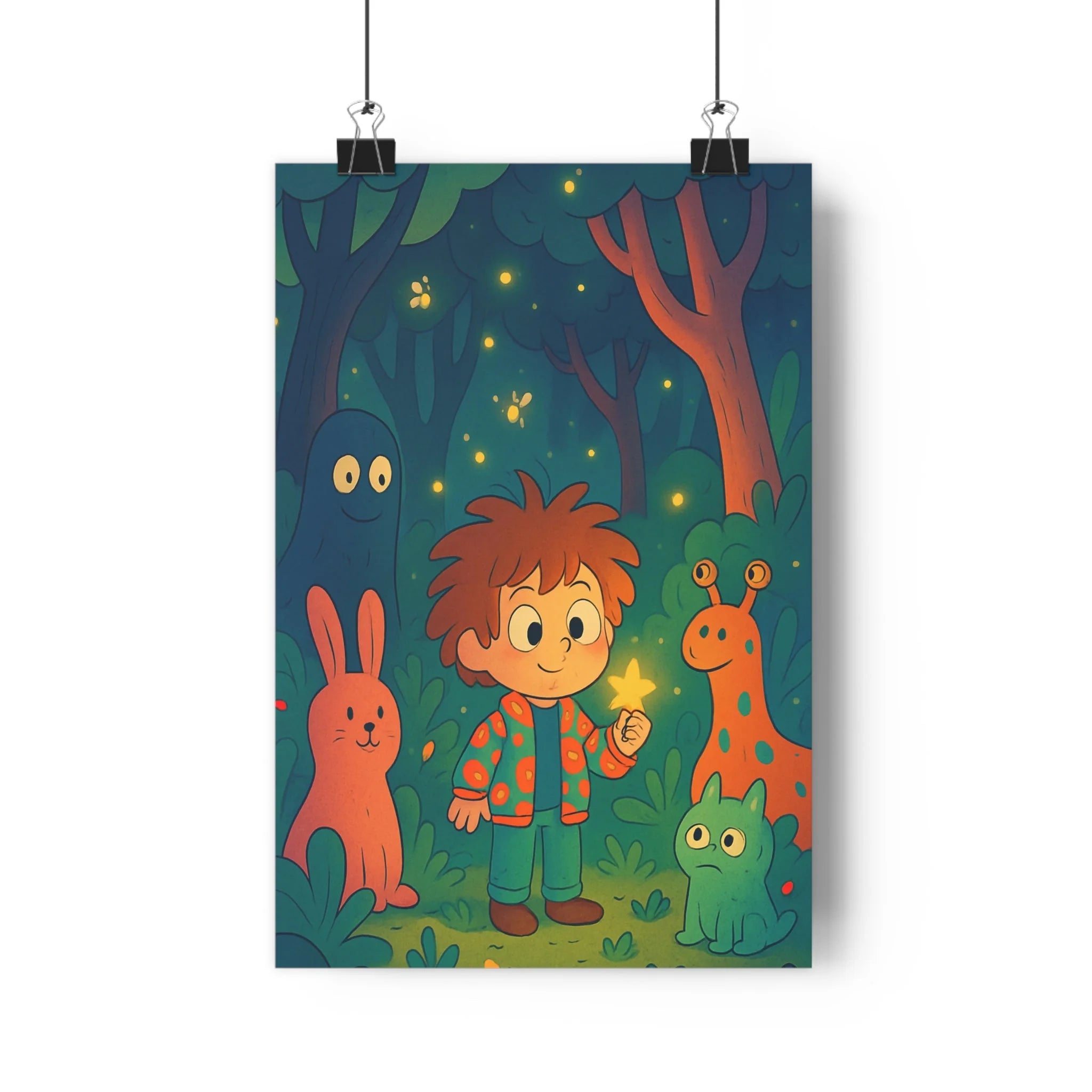 Poster décoratif enfant féerique pastel vert rose aventure créatures mystique forêt chambre illustration lumineuse