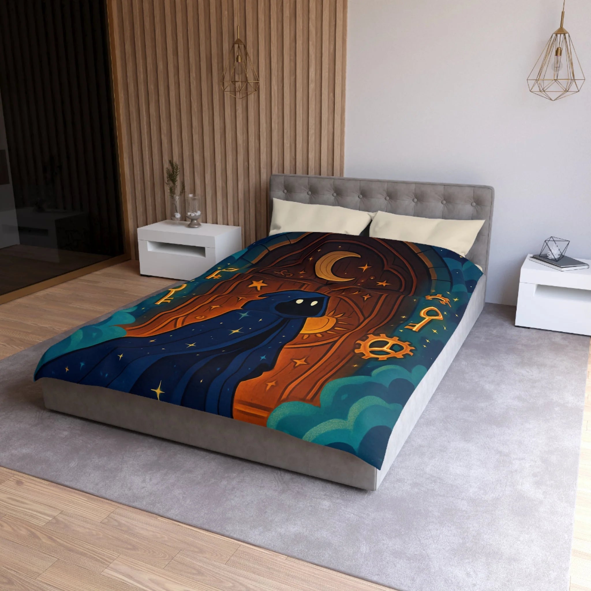 Housse de couette mystique avec capuche étoilée, porte magique et clés dorées