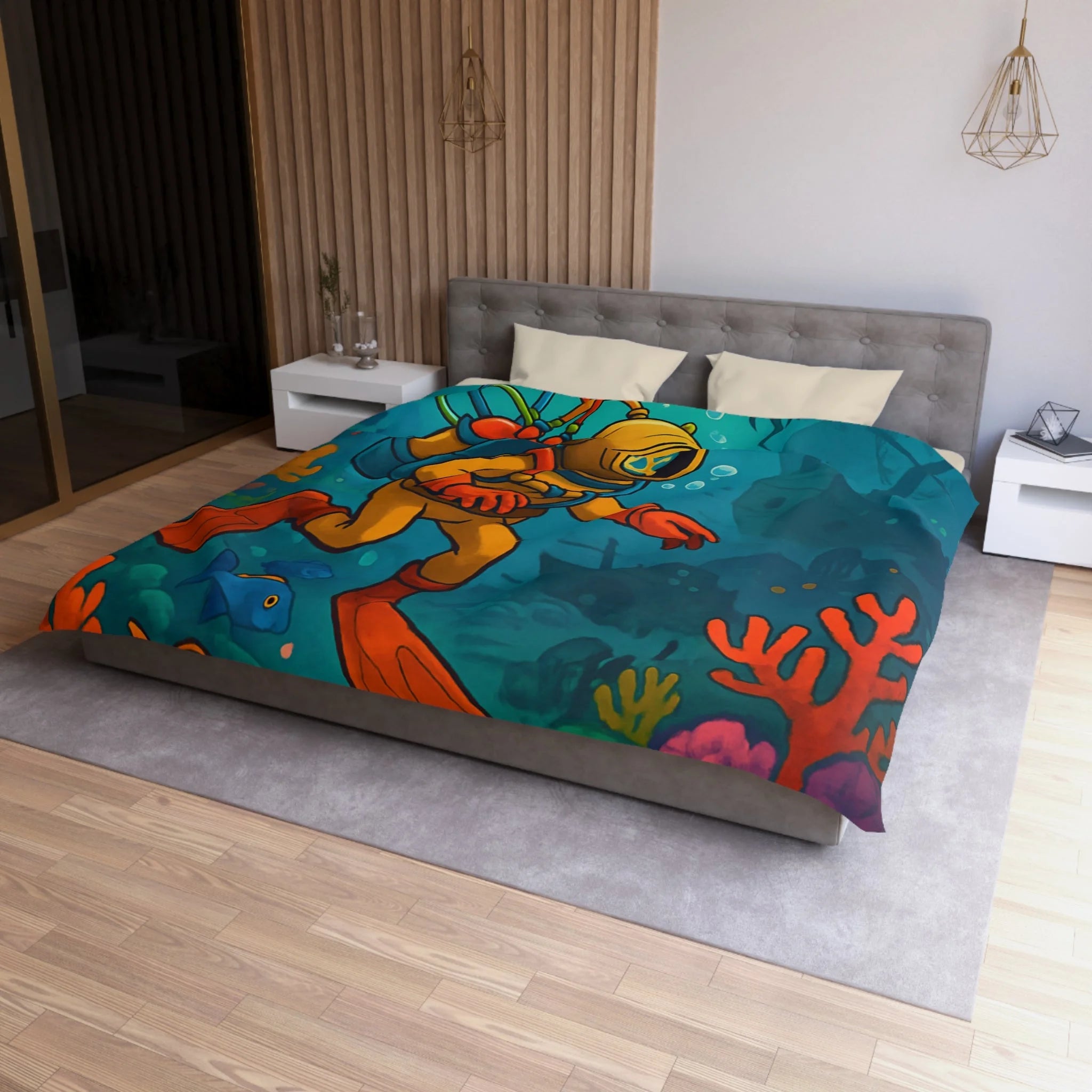 Housse de couette motif plongeur rétro dans un monde sous-marin coloré et mystérieux