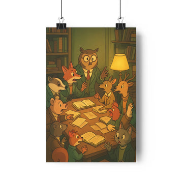 Poster hibou renards écureuils lapins cerf réunion livres verts plantes bureau calme travail apprentissage