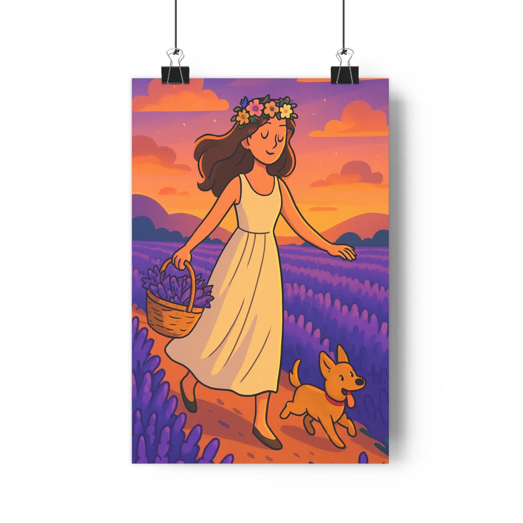 Poster décoratif bohème cartoon lavande chien blanc fleurs joyeux apaisant chambre salon 30x46 cm