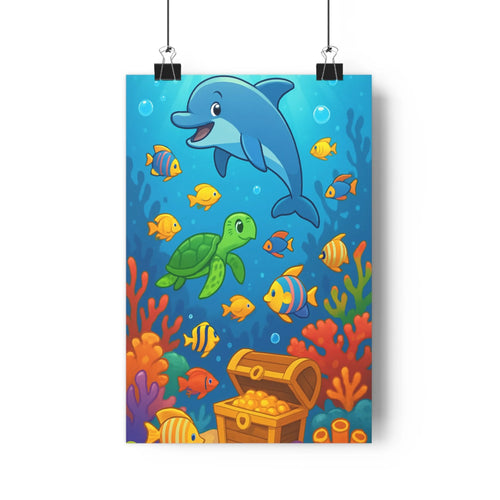 Poster dauphin souriant tortues poissons coraux bulles trésor plantes vertes cartoon vibrant joyeux océan aventure chambre enfants