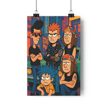 Poster urbain coloré cartoon personnages jeunes adultes ambiance dynamique fenêtres colorées lettrages lumineux simple moderne ville animée salon chambre