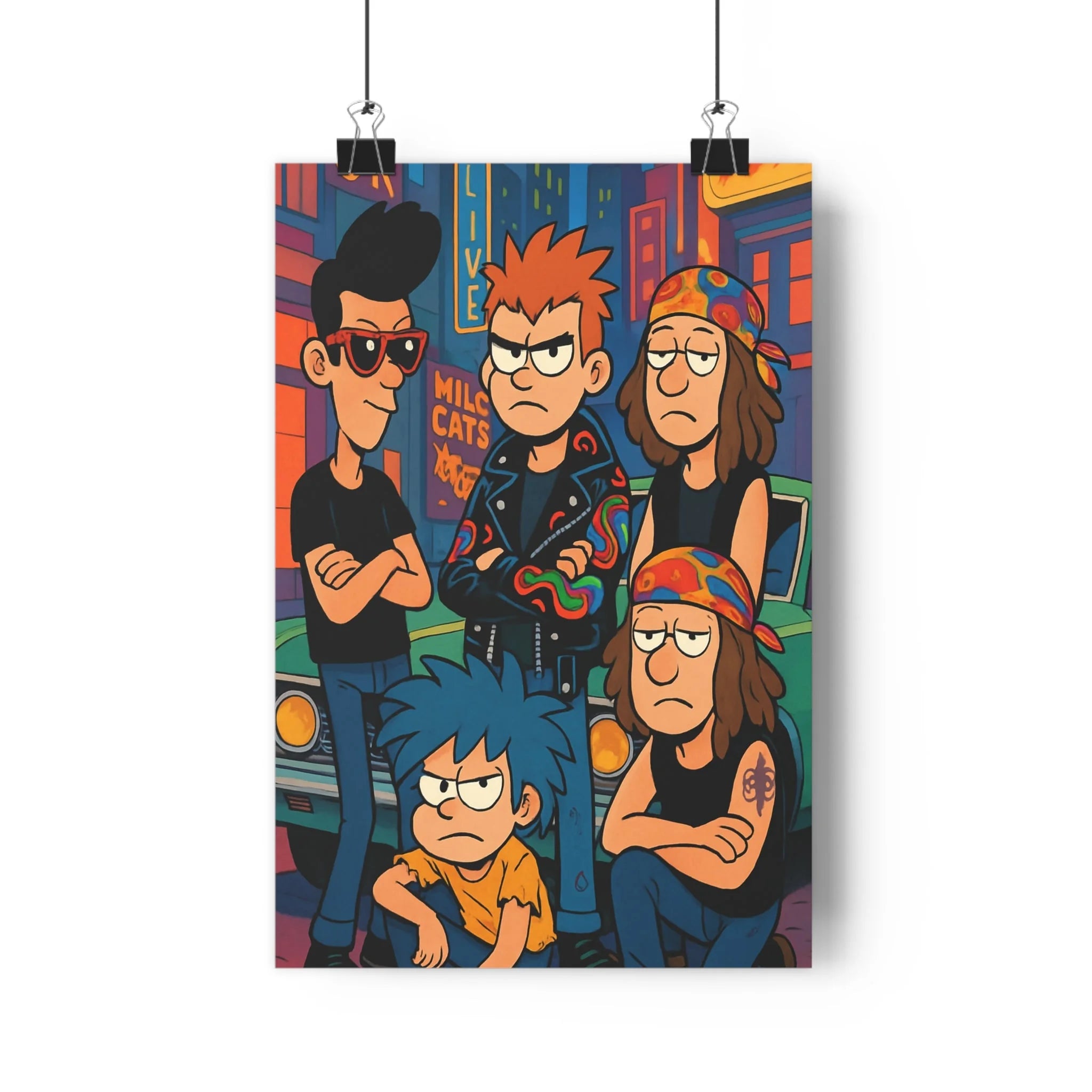 Poster décoratif rock années 80 vintage urbain coloré salon chambre bandanas cuir animé personnages