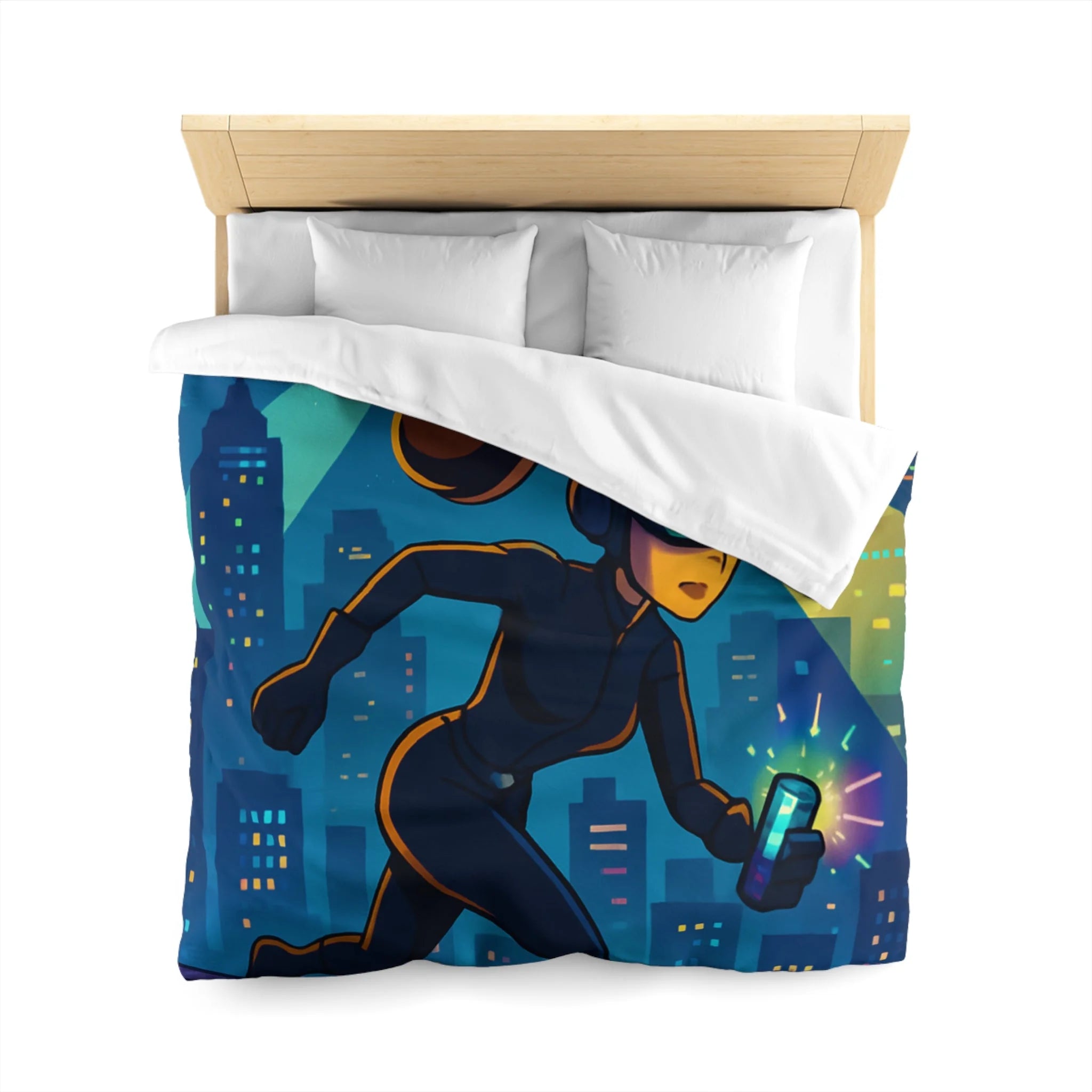 Housse de couette moderne avec motif de ville et personnage futuriste en action