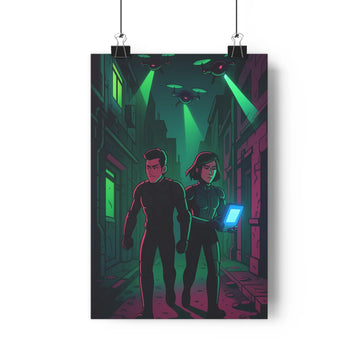 Poster futuriste néons verts personnages sombres drones urbain ombres douces style moderne ambiance mystérieuse salon chambre
