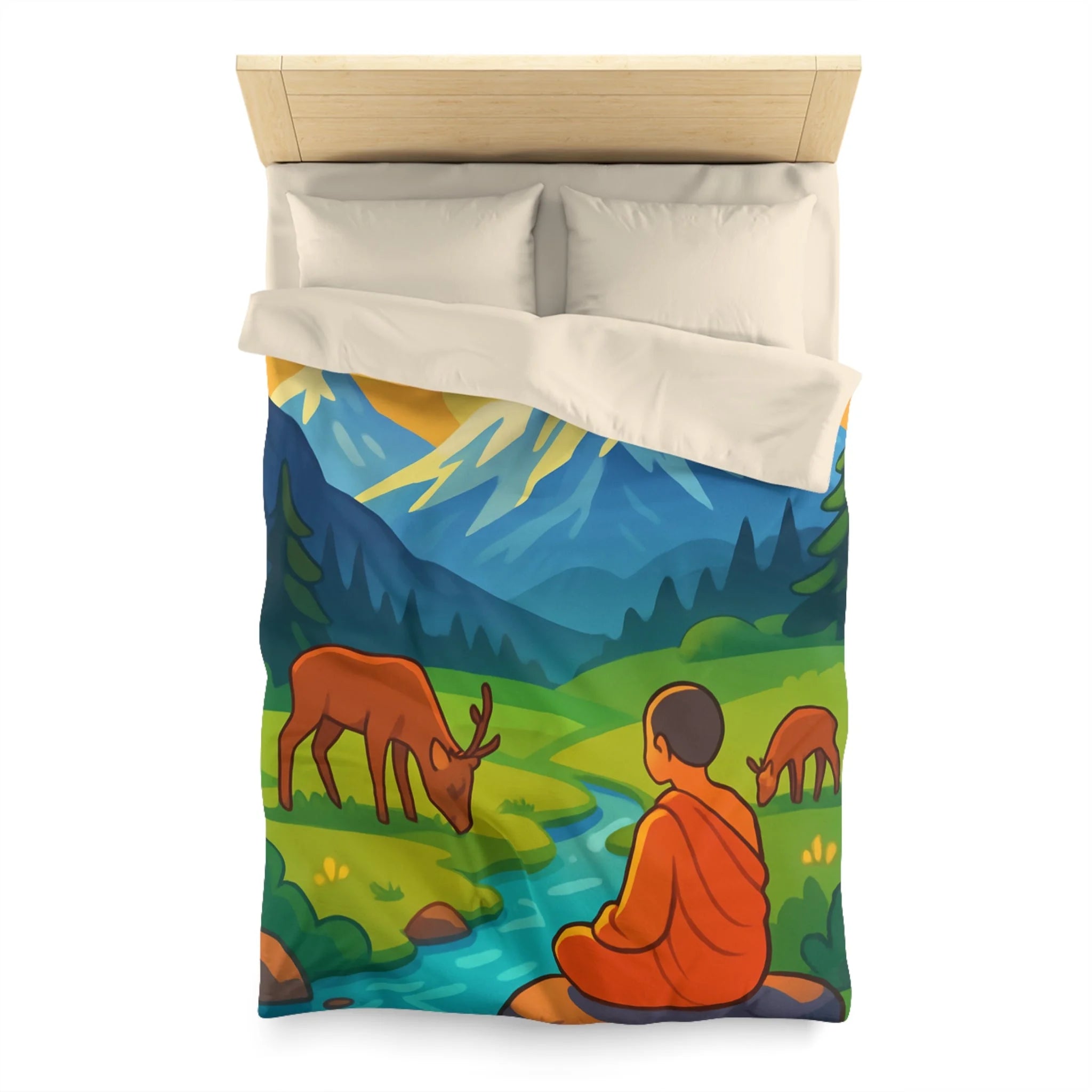 Housse de couette zen avec paysage montagneux, moine, cerfs et rivière tranquille