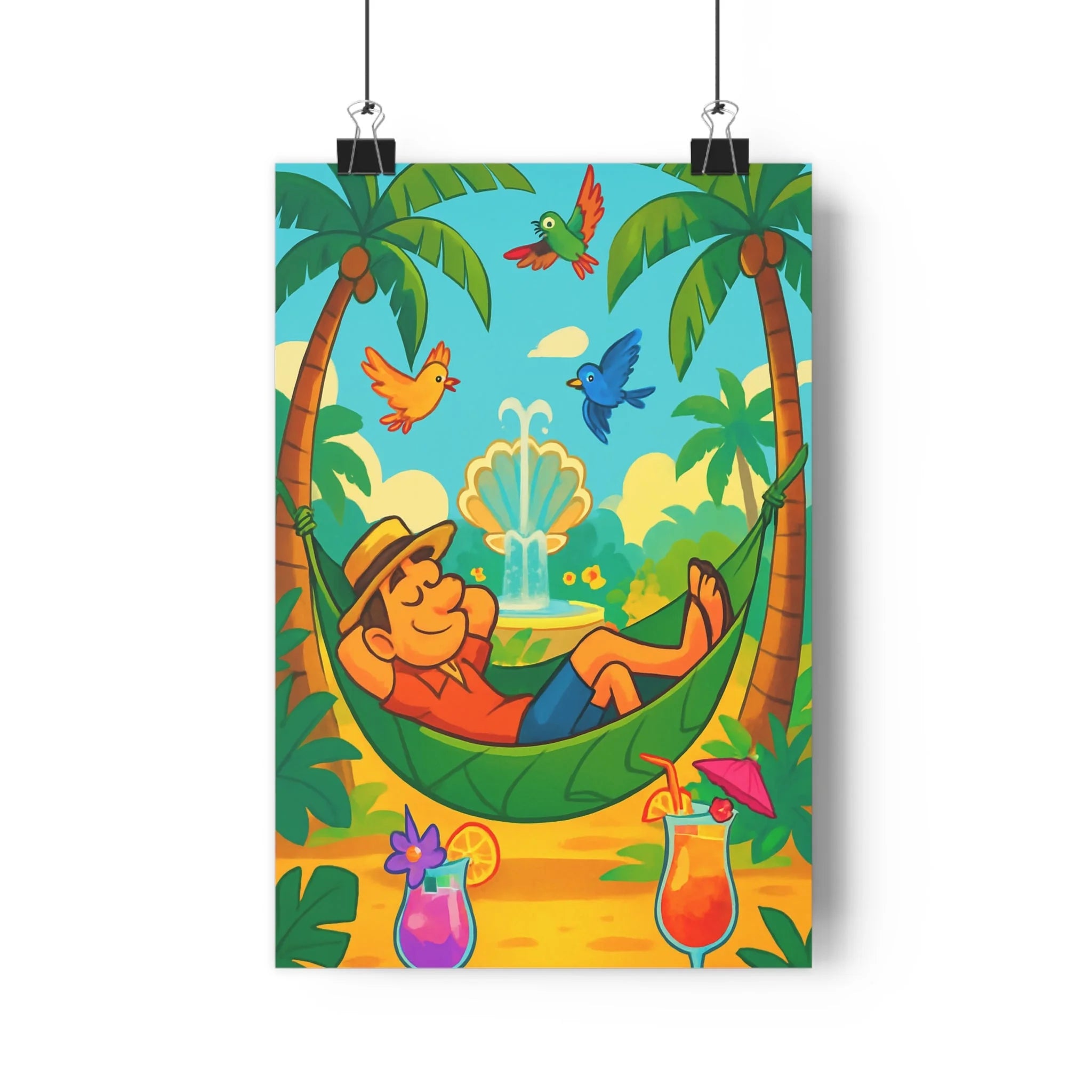 Poster décoratif cartoon vibrant bleu vert orange tropical joyeux salon chambre bureau relaxation qualité