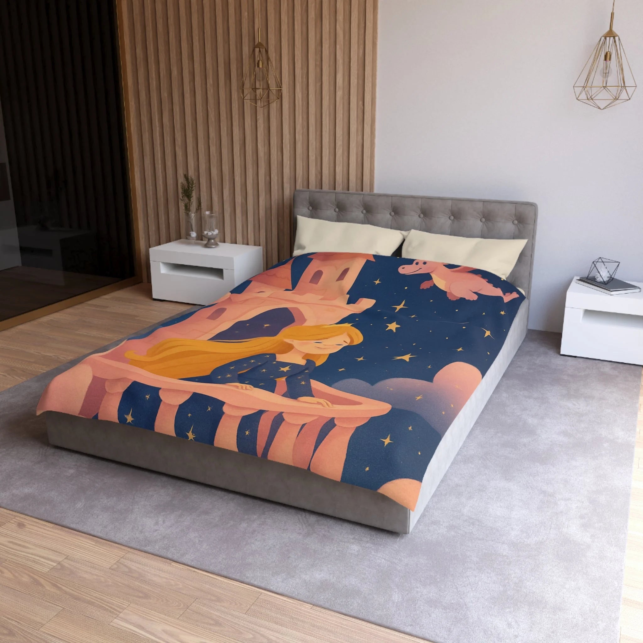 Housse de couette princesse rêveuse château et dragon volant étoiles scintillantes nuit