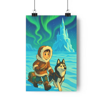 Poster nordique cartoon bleu vert aurore boréale explorateur chien husky montagne neige rochers ambiance froide mystérieuse chambre salon enfant unique