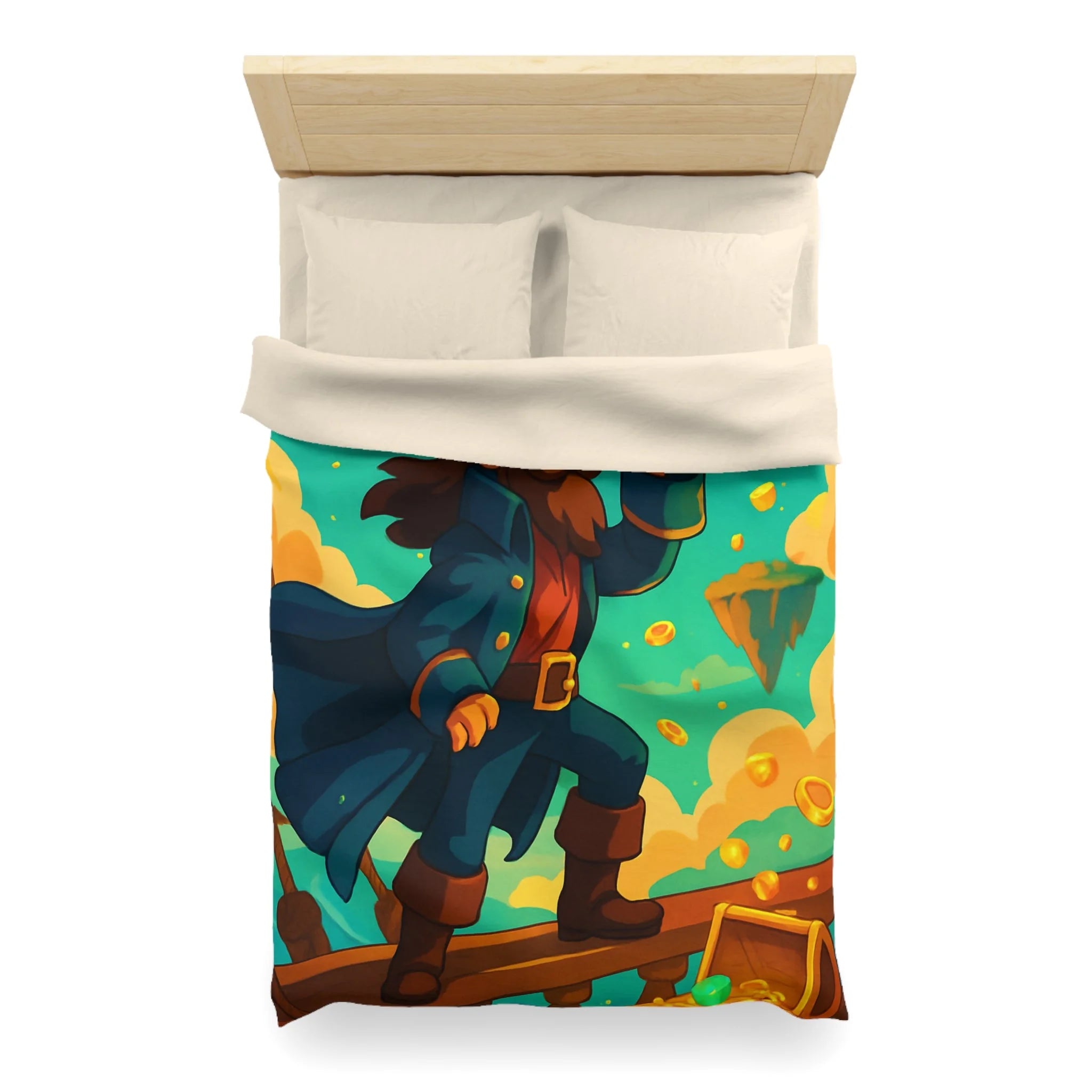 Housse de couette pirate vibrant bleu avec trésor doré et nuages flottants