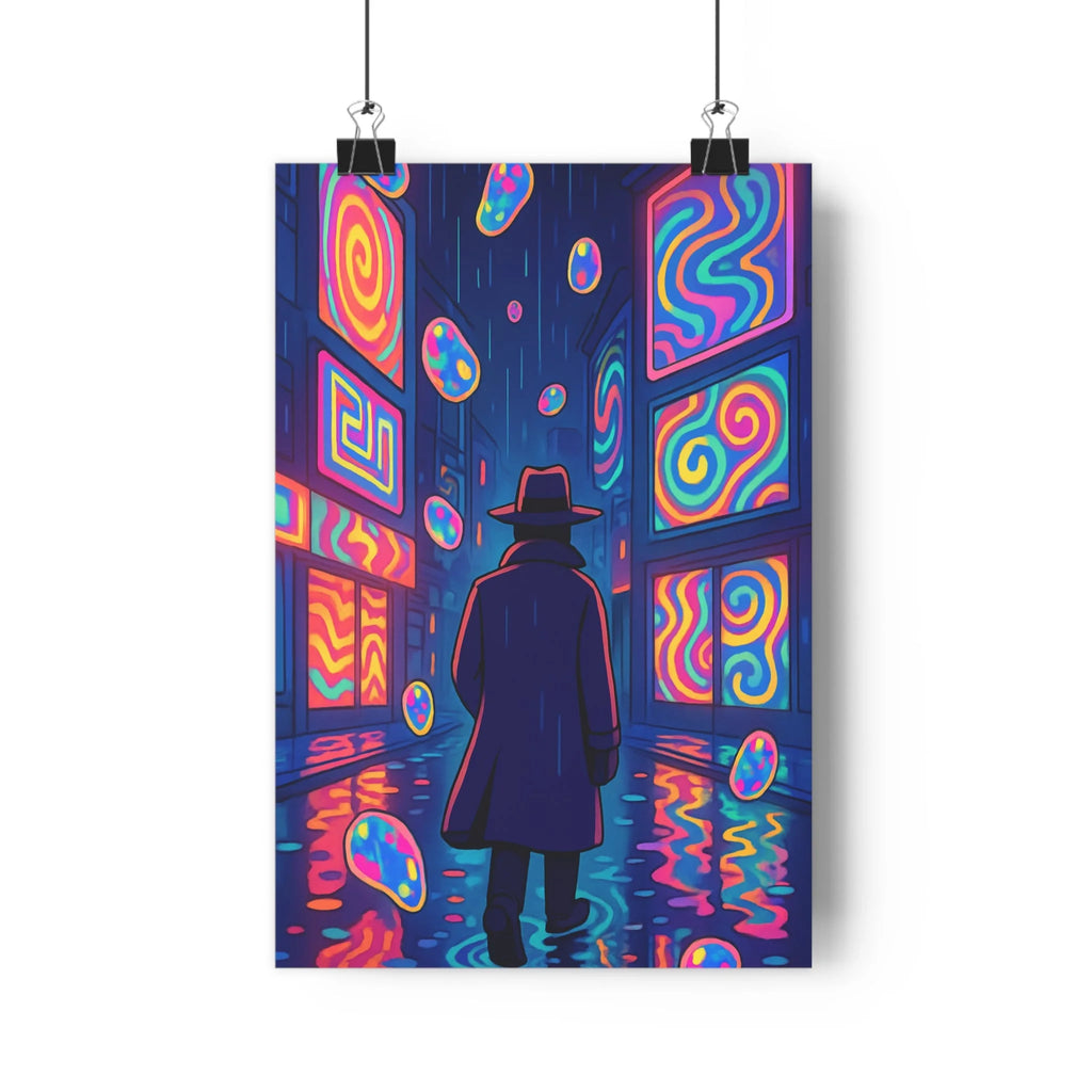 Poster décoratif urbain art psychédélique néon moderne salon chambre ambiance mystérieuse silhouette colorée qualité