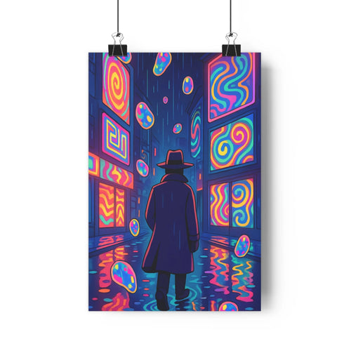 Poster moderne silhouette dos manteau casquette motifs géométriques spirales ondulations bleu rose violet lumineux ambiance mystérieuse salon chambre