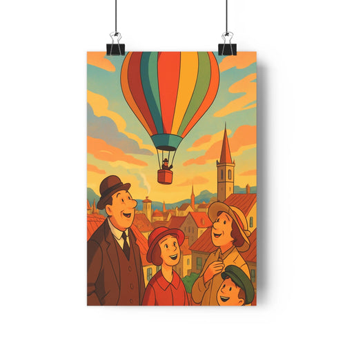 Poster rétro montgolfière personnages formels nuages rouges ensoleillés toits anciens ambiance joyeuse décoration salon chambre