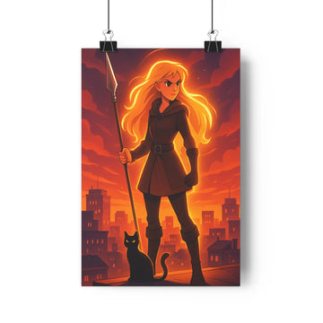 Poster femme lance toit chat noir ville paysage urbain ciel rouge mystérieuse ambiance dramatique contours nets ombres douces chambre salon