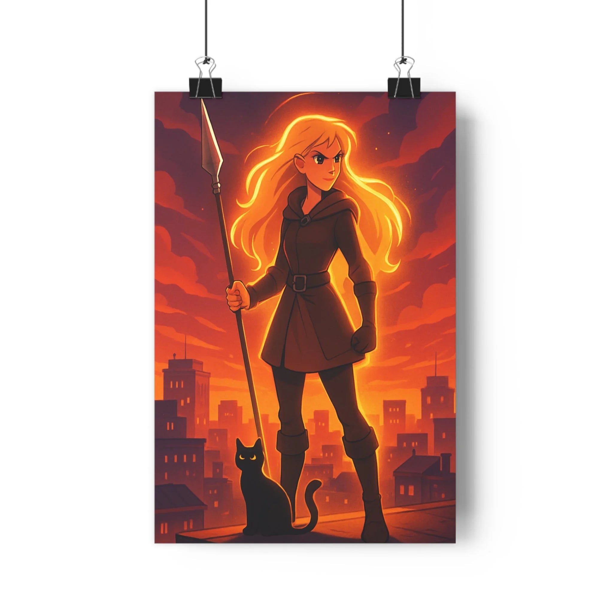 Poster décoratif mystique femme cheveux dorés chat noir coucher soleil ville salon captivant qualité