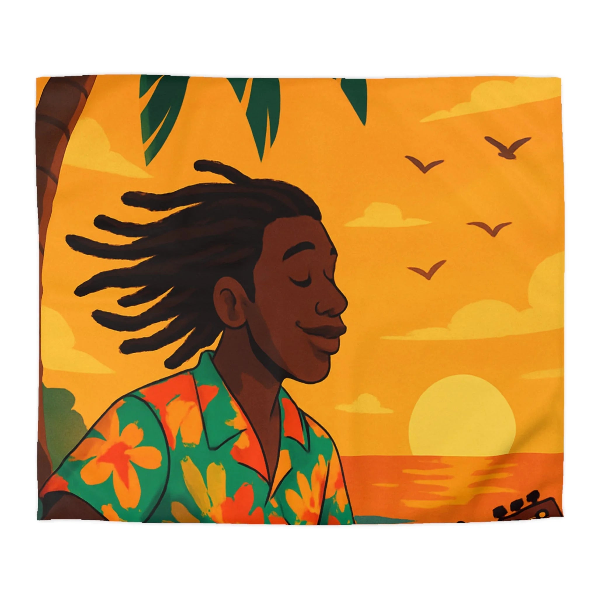 Housse de couette tropicale avec musique, coucher de soleil et palmiers exotiques pour chambre