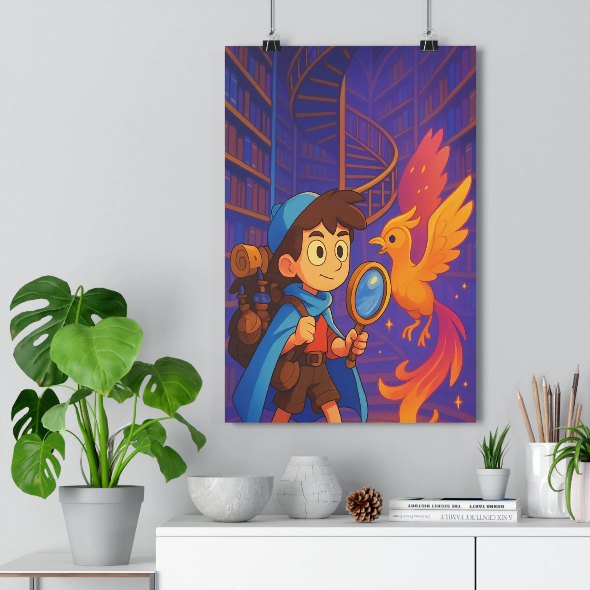 Poster décoratif cartoon aventure magique enfant oiseau feu chambre bibliothèque couleurs éclatantes 30x46 ambiance