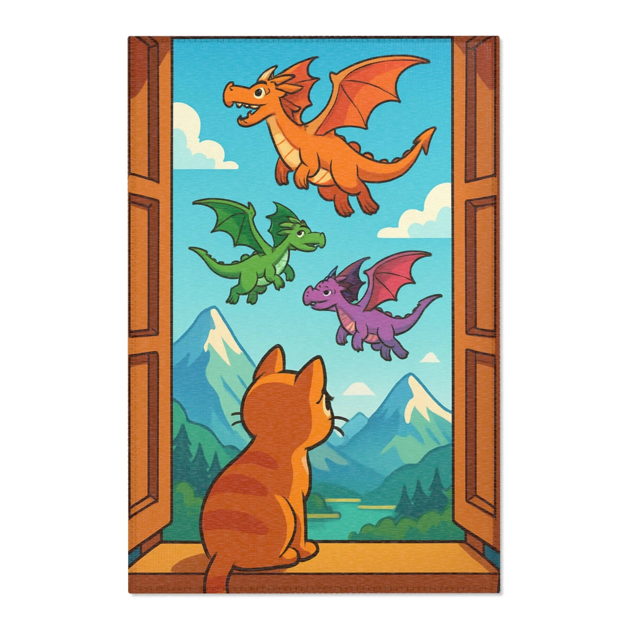 Tapis enfant coloré avec dragons et chat pour décoration ludique et imaginative