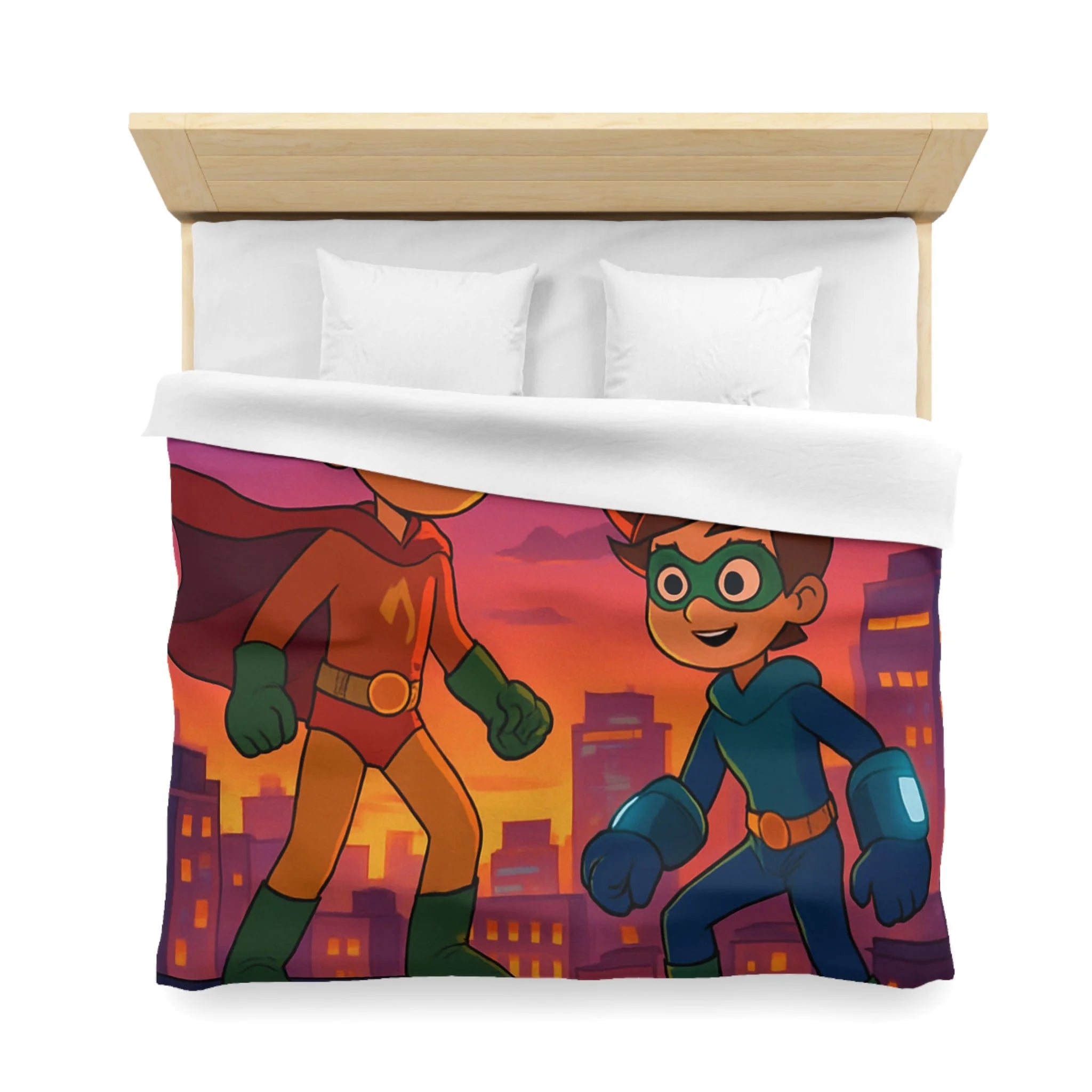 Housse de couette pour enfants avec deux jeunes super-héros au coucher du soleil